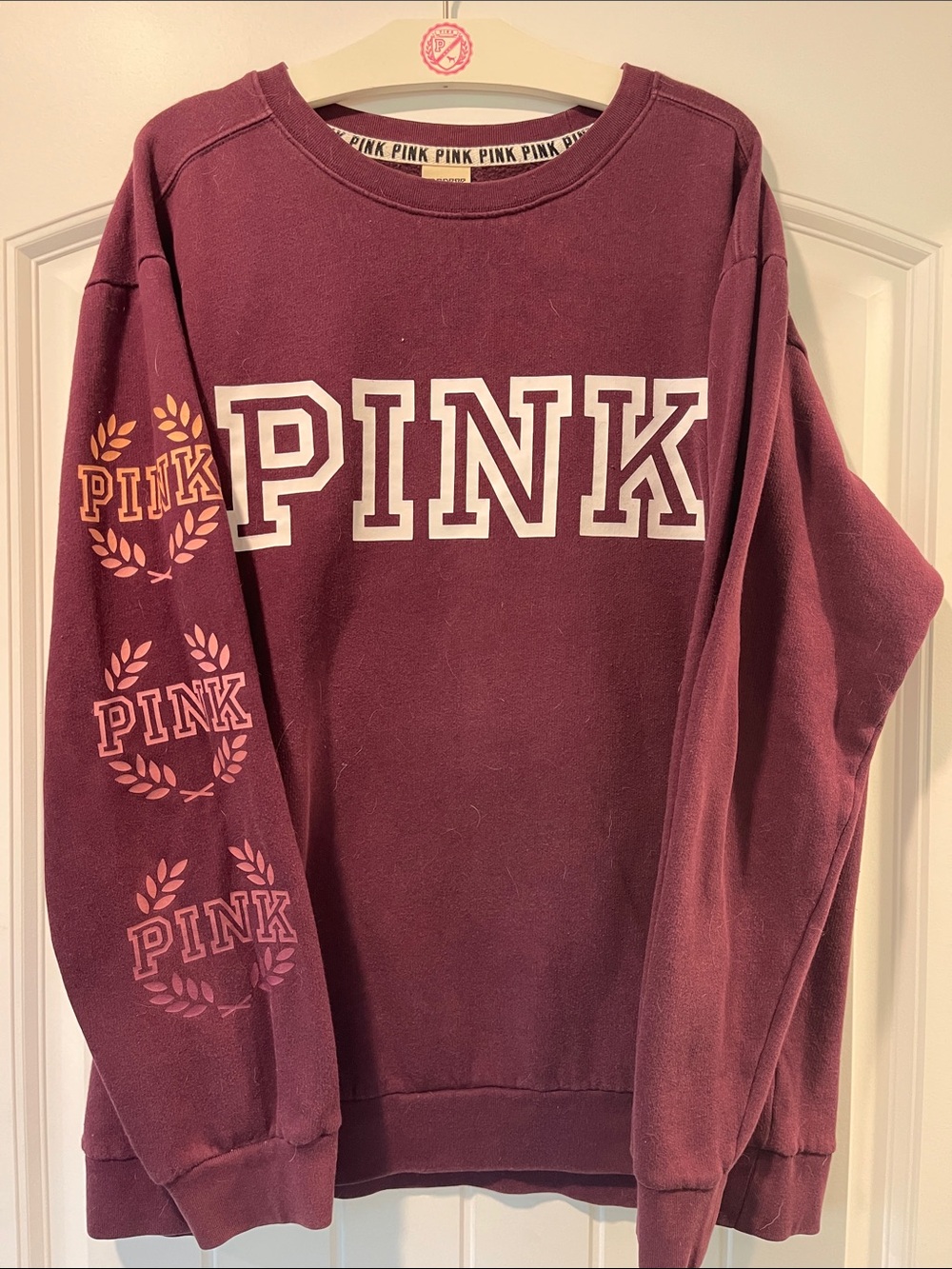 PINK Victoria's Secret Burgundy Crewneck Sweatshirt with Sleeve Graphics